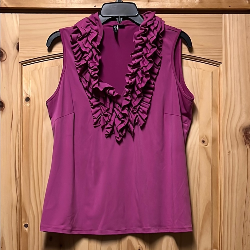 Milano Purple/Pink Ruffled Sleeveless Blouse with Ornate Neckline PL